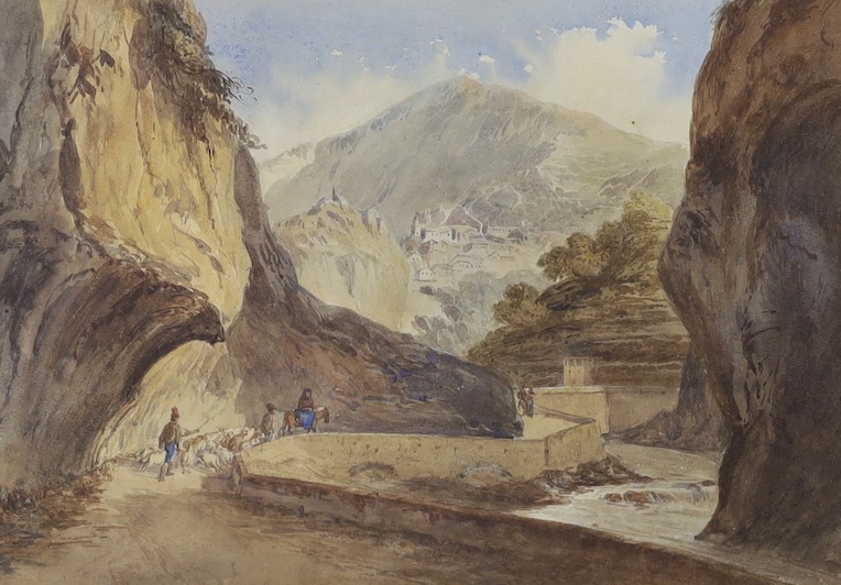 19th century English School, watercolour, Goat herders in an Italian mountain pass, 26 x 36cm, maple framed
